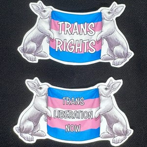 May include: Two die-cut stickers featuring light gray rabbits standing on their hind legs, each holding a banner with the transgender pride flag colors of blue, pink, and white. The top sticker reads TRANS RIGHTS, and the bottom reads TRANS LIBERATION NOW.