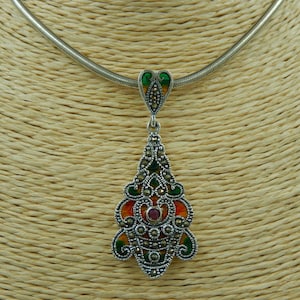 Beautiful Sterling Silver 925 Enamel Work Pendant With Marcasite & Ruby