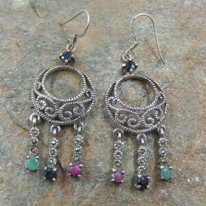 Sterling Silver Marcasite Chandelier Earrings, Ruby Emerald Mix, Sapphire, 5.5cm