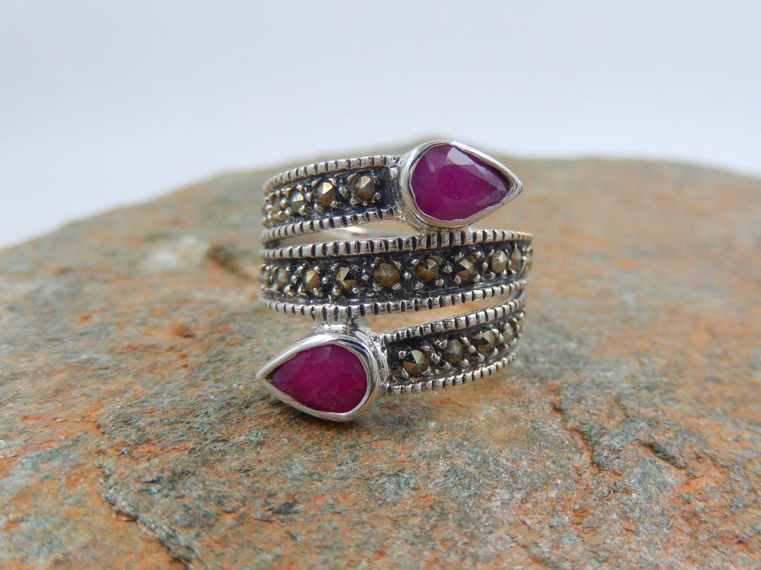 natural ruby silver ring, dainty ruby ring, stackable... Sterling Silver 925 Ring With Natural Ruby & Marcasite - Etsy