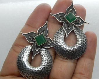 Hammered Design Sterling Silver 925 Oxidised Earrings With Green Onyx