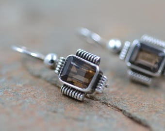 Natural Smoky Quartz Earrings- Drop Earrings- Silver Quartz