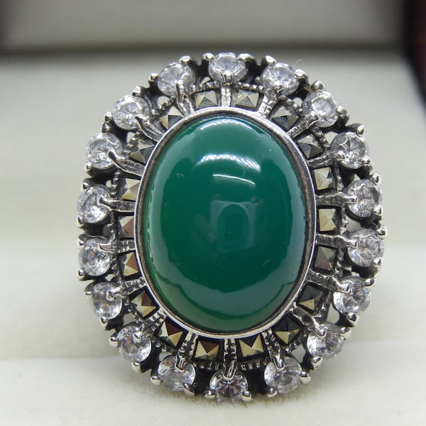 Sterling Silver 925 Ring With Emerald Colour Green Onyx, Zircon & Marcasite