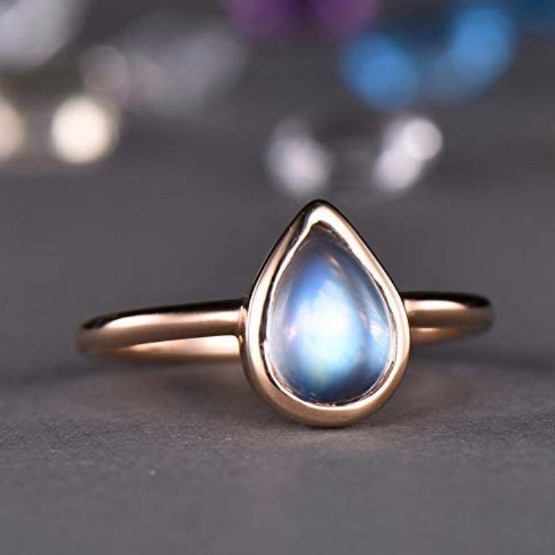 Bezel Moonstone Engagement Ring 6x8mm Pear Cut Rainbow Etsy