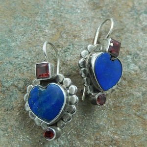 Vintage Sterling Silver 925 Earrings With Natural Lapis Lazuli & Garnet