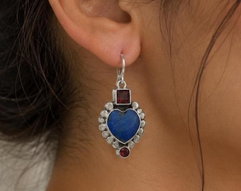 Vintage Sterling Silver 925 Earrings With Natural Lapis Lazuli & Garnet