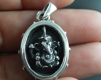 Solid Sterling Silver 925 Lord Ganesha & Om Pendant