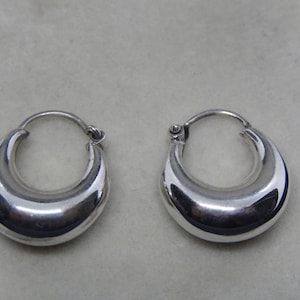 May include: A pair of silver hoop earrings with a rounded, slightly curved design.