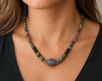 Natural Tourmaline Necklace with Sterling Silver Oxidized Beads
