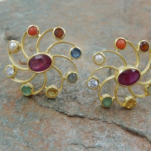 Navratan Ear Studs, Natural Stones