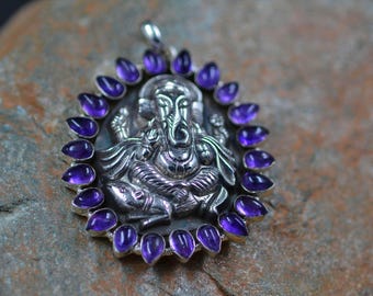 Huge Sterling Silver 925 God Ganesha Pendant With Natural Stone