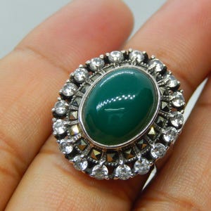 Sterling Silver 925 Ring With Emerald Colour Green Onyx, Zircon & Marcasite