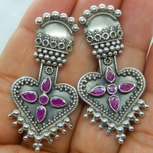 Oxidised Sterling Silver Ruby Dangle Earrings, Pink Ruby Drops, Long 5cm