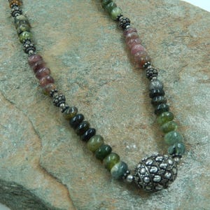 Natural Tourmaline Necklace with Sterling Silver Oxidized Beads