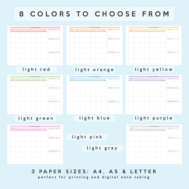 Calendar Template | Horizontal/landscape | A4, A5 &amp; Letter | Printable ...