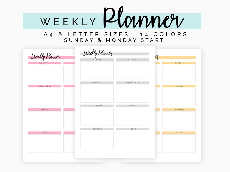 weekly planner sheet monday sunday start a4 letter etsy