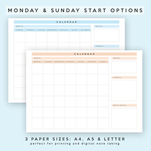Calendar Template | Horizontal/landscape | A4, A5 &amp; Letter | Printable ...