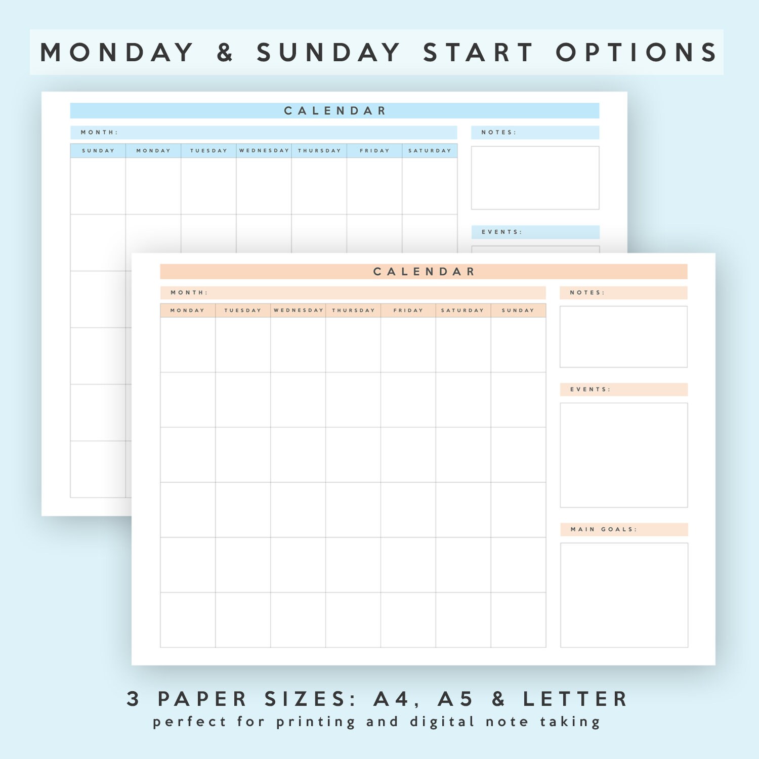 Calendar Template | Horizontal/landscape | A4, A5 & Letter | Printable ...