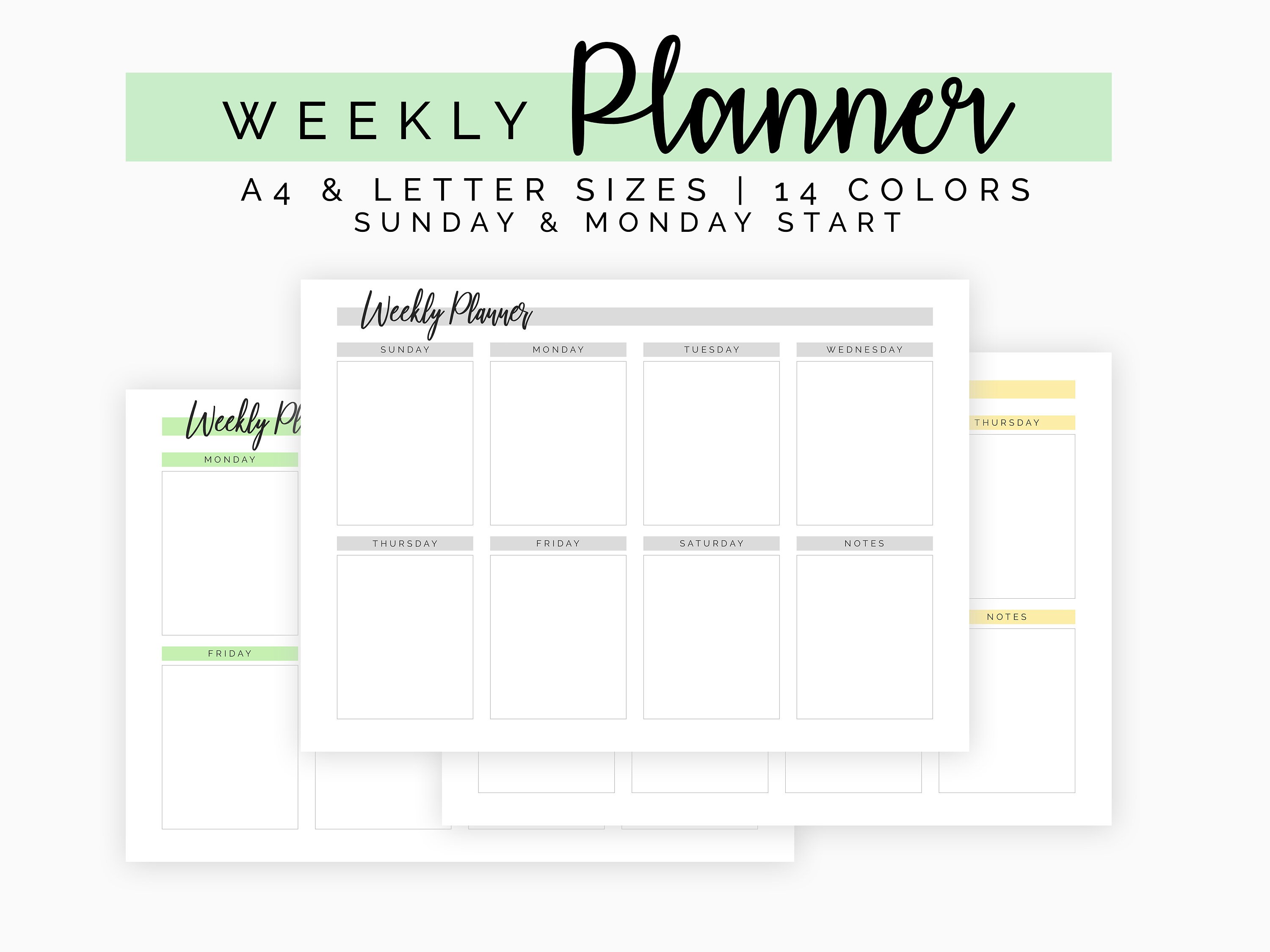 weekly planner sheet monday sunday start a4 letter etsy