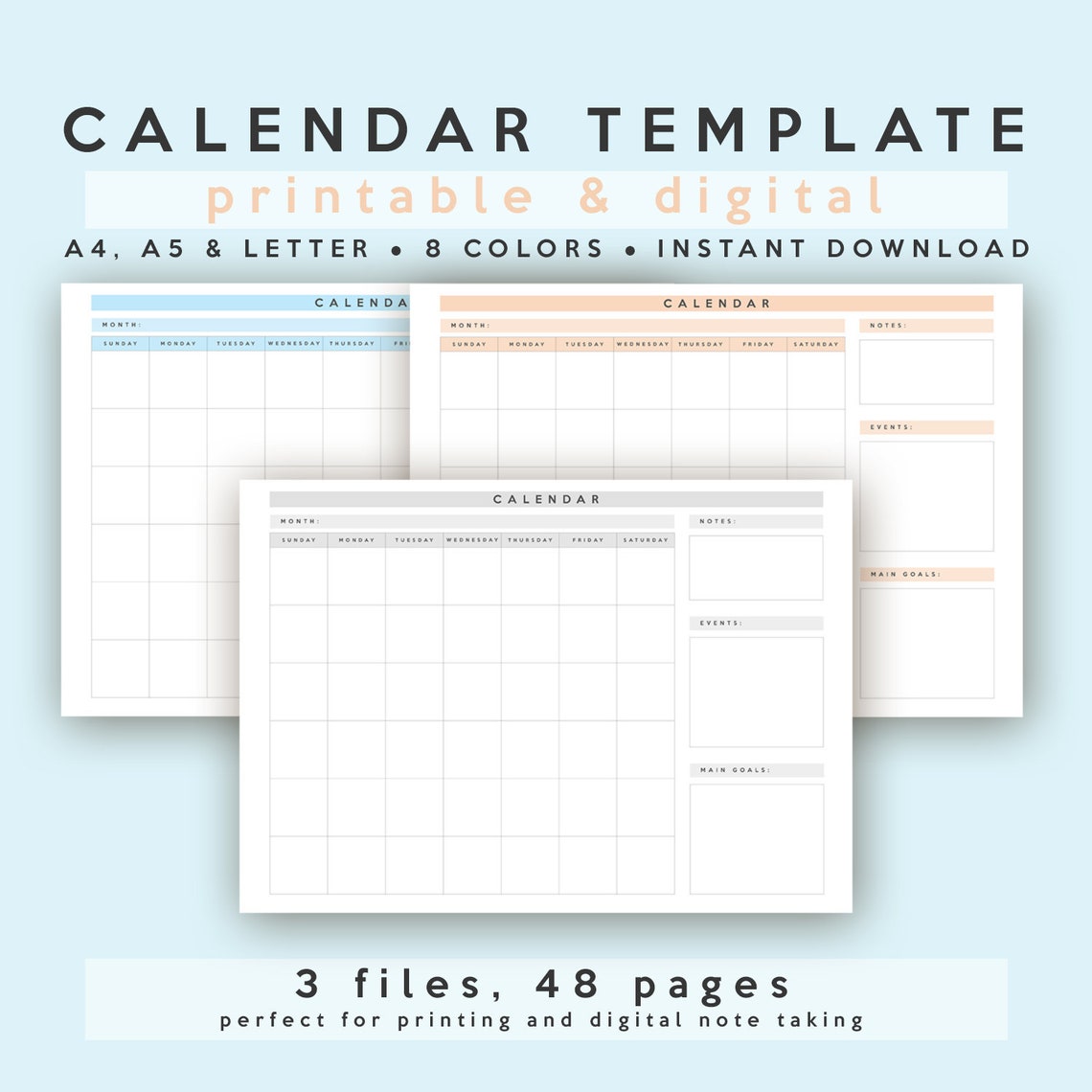 Calendar Template | Horizontal/landscape | A4, A5 & Letter | Printable ...