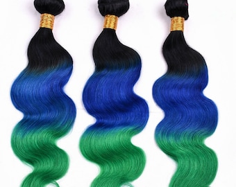 3 bundles ombre human hair extensions 3tone 1b/blue/green colour human hair bundles brazillian hair wefts free shipping