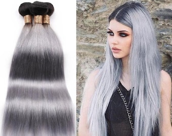 2bundles ombre hair bundles 2tone 1b/grey human hair bundles brazilian hair wefts black root gray hair weaving grey human hair extensions