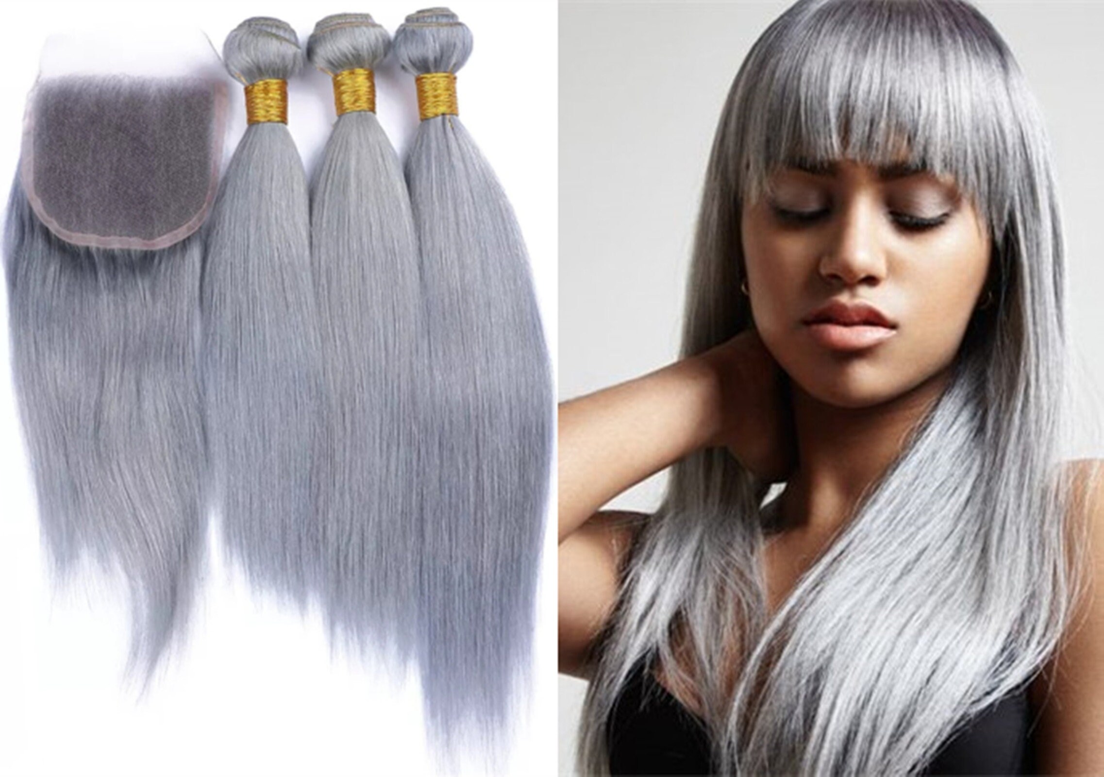 3bundles Sliver Grey Human Hair Extensions With Hair Closure Human Hair