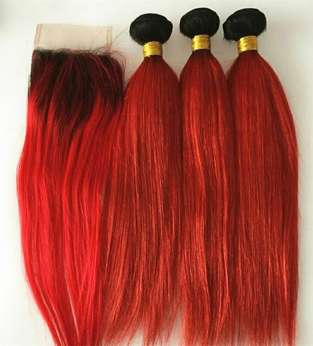 3bundles Ombre 1b/red Human Hair Extensions With Hair Closure Human ...