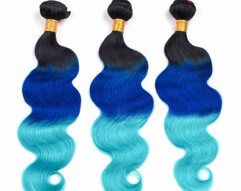 3 bundles ombre human hair extensions 3tone 1b/blue/blue colour human hair bundles brazillian hair wefts free shipping