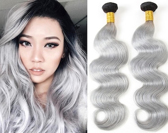 3bundles ombre hair bundles 2tone 1b/grey human hair bundles brazilian hair wefts  black root gray hair weaving grey human hair extensions