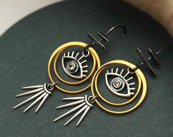 All Seeing Eye Earrings with Circles and Rays - Silver and Gold