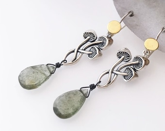Three Mushrooms and Moon Earrings . Sterling Silver and Bronze with Moss Aquamarine Gemstones . Buy in Pairs or Singles
