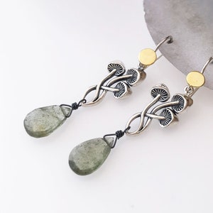 Three Mushrooms and Moon Earrings - Sterling Silver and Bronze with Moss Aquamarine Gemstones - Buy in Pairs or Singles