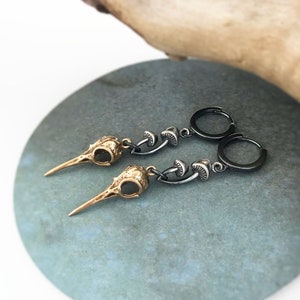 Hummingbird Skull with Sprouting Mushrooms Huggie Hoop Earrings - Sterling Silver and Bronze Earrings