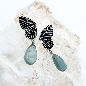 Sterling Silver Butterfly Wing Earring with Blue Kyanite Beads - Romantic Butterfly Earrings