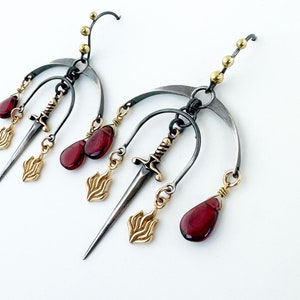Mobile Arch Earrings with Swords, Flames, and Garnet Gemstones