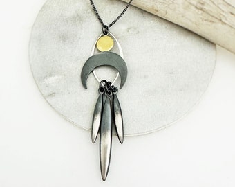 Moon Charm Necklace with Three Spike Pods on Micro-Curb Chain - Silver and Bronze Necklace