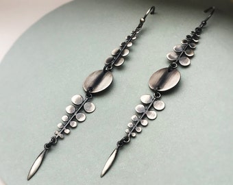 Long Hook Earrings with Many Moons - Sterling Silver Circle Earrings