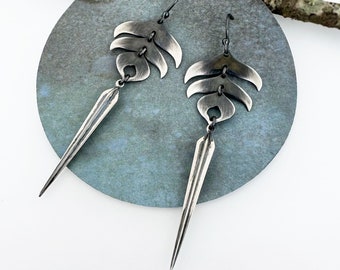 Abstract Feather Earring with Long Ridged Spike - Sterling Silver Statement Earrings