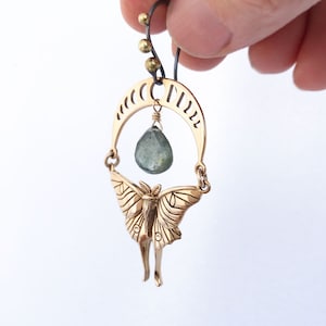 Bronze Luna Moth and Moon Phase Earrings with Green Moss Aquamarines image 1