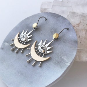 Eye of Providence with Crescent Moon and Rays - Sterling Silver and Bronze Talisman Earrings
