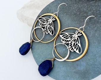 Silver and Gold Luna Moth Earring with Lapis Lazuli - Mixed Metal Moth Hook Earring