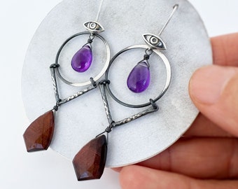 All Seeing Eye Earrings with Circle and Chevron - Sterling Silver, Purple Amethyst, and Red Tigers Eye