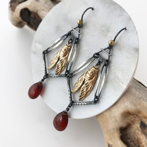 Cicada Earrings with Air Element Symbols - Sterling Silver, Bronze, and Hessonite Garnet