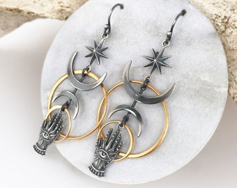 Crescent Moon, Star, and Hand with Eye Earrings - Cosmic Earrings with Moon, Layered Circles, and Psychic Eye with Hand Charm