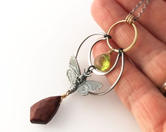 Death Head Moth with Skull Necklace with Crescent Moon and Circle - Red Tigers Eye and Green Peridot - Sterling Silver and Gold