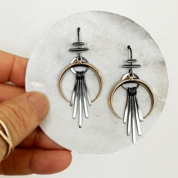 Inverted Crescent Moon Earrings with Spikes - Oxidized Sterling Silver and Bronze