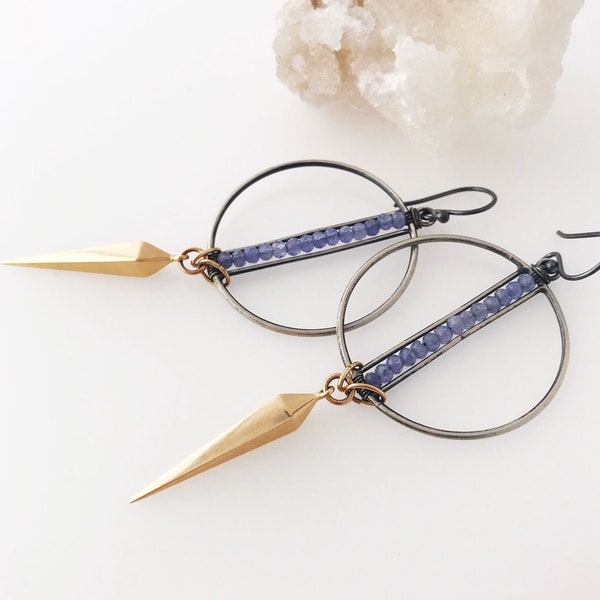 Modern Circle Earrings with Long Spike - Silver, Bronze, and Iolite Gems