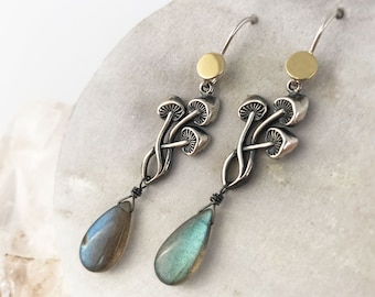 Three Mushrooms and Moon Earrings - Sterling Silver and Bronze with Labradorite Gemstones