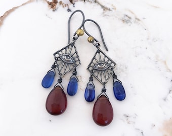 All Seeing Eye with Rays Earrings - Sterling Silver, Garnet, and Kyanite - Talisman Earrings